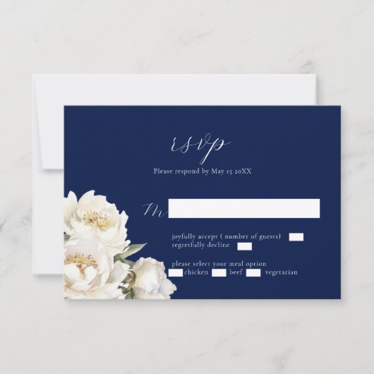 White Peony Wedding Blue RSVP Card (Voorkant)