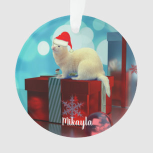 White Pet Ferret in Santa Hat Ornament