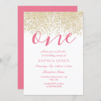 White Pink Gold Glitter 1e verjaardag Uitnodiging