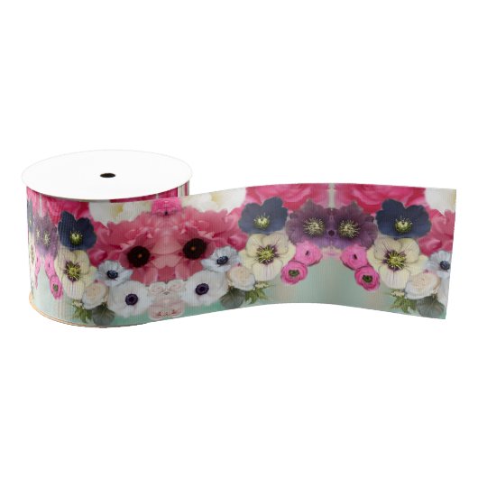 WHITE PINK ROSES AND ANEMONE FLOWERS MONOGRAM GROSGRAIN LINT (Spoel)