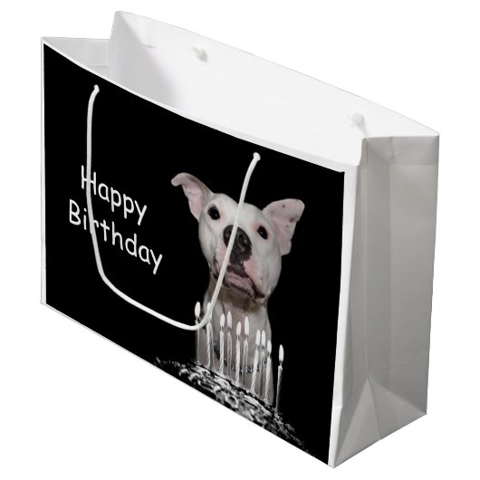 White Pitbull Birthday Large Cadeautasje (Voorkant Gekanteld)