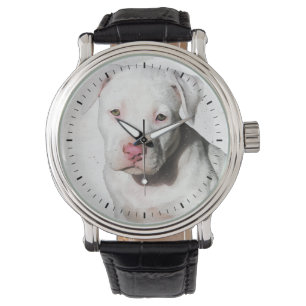 White Pitbull Puppy Waterverf Black Tick Horloge