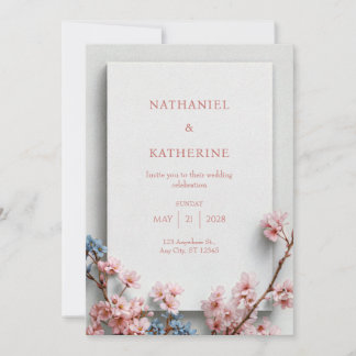White Plaster Minimalist Sakura Frame Wedding Kaart