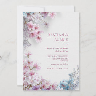 White Plaster Pink Sakura Botanical Border Wedding Kaart