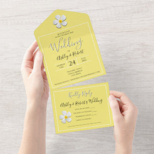White Plumeria Flower on Yellow, Modern Wedding All In One Uitnodiging
