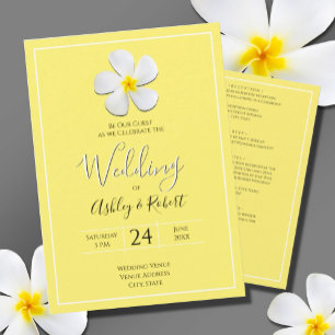 White Plumeria Flower on Yellow, Modern Wedding Kaart