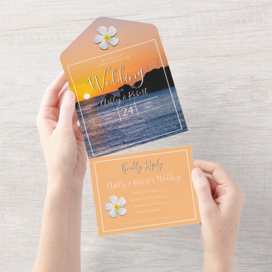 White Plumeria Flower with Golden Sunset, Weddensc All In One Uitnodiging (Afscheurbaar)
