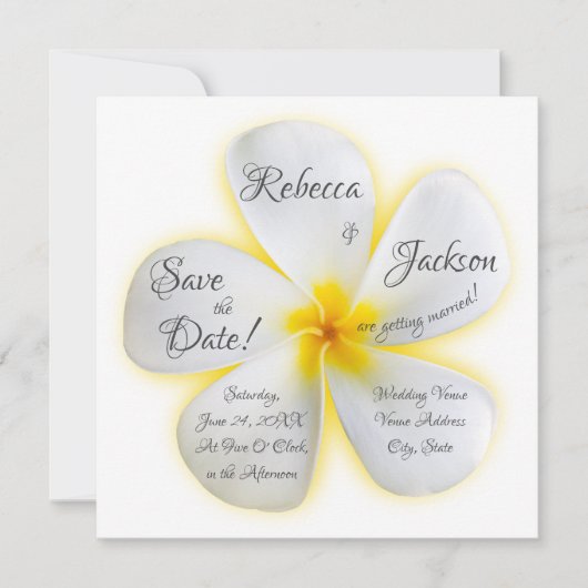 White Plumeria Flower, Yellow, Wedding, Save Date Kaart (Voorkant)
