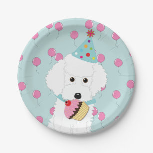 White Podle Birthday Dog Pink Balloons Papieren Bordje