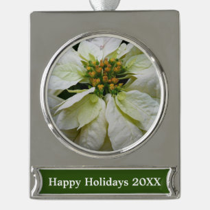 White Poinsettia Elegant Kerstfeestdag Floral Verzilverd Banner Ornament