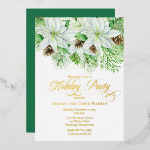 White Poinsettias   Pinecones Pine Holiday Party Folie Uitnodiging