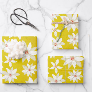 White Poinsettias Red Accents Bright Golden Yellow Inpakpapier Vel