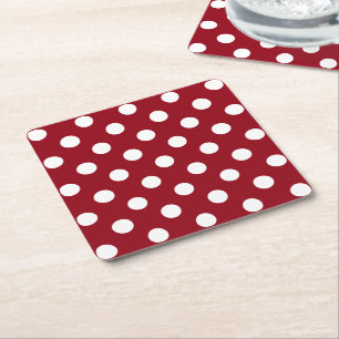 White Polka Dots on Crimson Red Vierkante Kartonnen Onderzetter