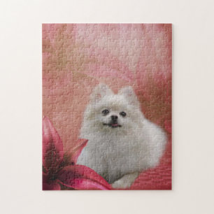 White Pomeranian Lily Flowers Dog Art Legpuzzel