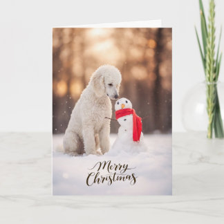 White Poodle Christmas Snowman Feestdagen Kaart