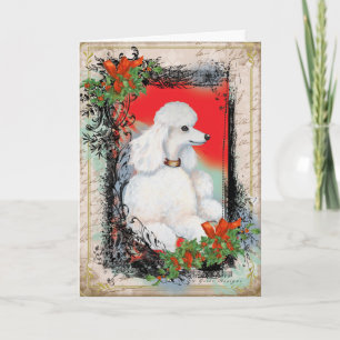 White Poodle Christmas Vintage Style Print Card Feestdagen Kaart