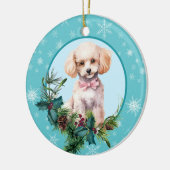 White Poodle Evergreen Blue Snowflake Border Keramisch Ornament (Links)