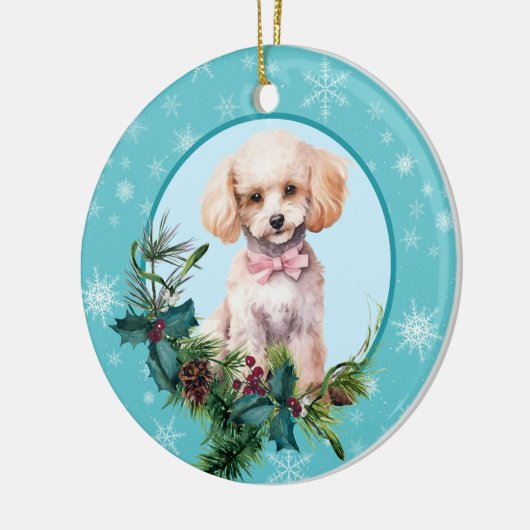White Poodle Evergreen Blue Snowflake Border Keramisch Ornament (Links)