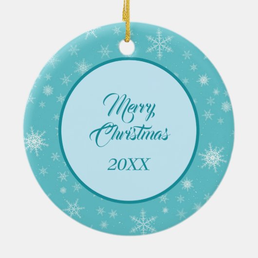 White Poodle Evergreen Blue Snowflake Border Keramisch Ornament (Achterkant)
