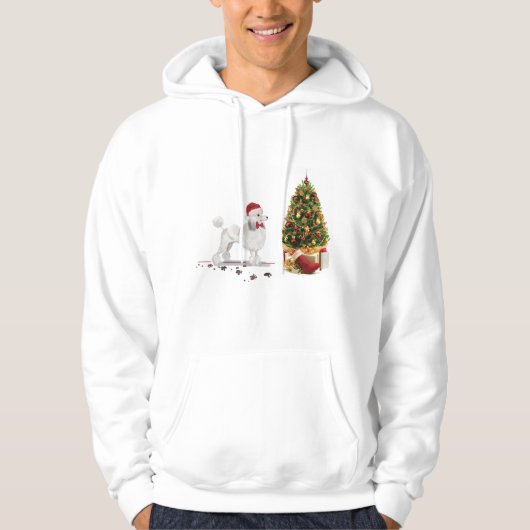 White Poodle Funny-kersthond met boom Hoodie (Voorkant)