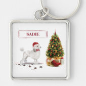 White Poodle Funny-kersthond met boom Sleutelhanger (Voorkant)