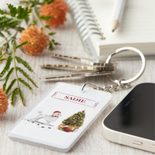 White Poodle Funny-kersthond met boom Sleutelhanger