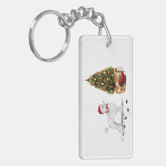 White Poodle Funny-kersthond met boom Sleutelhanger (Voorkant Links)