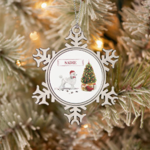 White Poodle Funny-kersthond met boom Tin Sneeuwvlok Ornament
