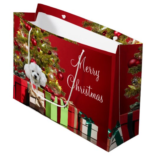 White Poodle Kerstmis Groot Cadeauzakje (Voorkant Gekanteld)