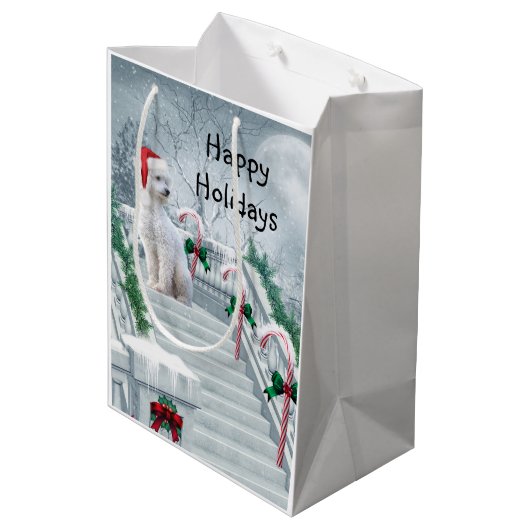 White Poodle Kerstmis Medium Cadeauzakje (Achterkant Gekanteld)