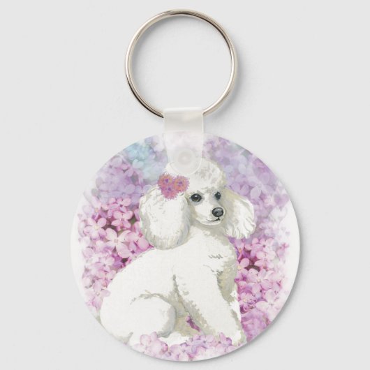 White Poodle Puppy Lilacs Art Design Sleutelhanger (Voorkant)