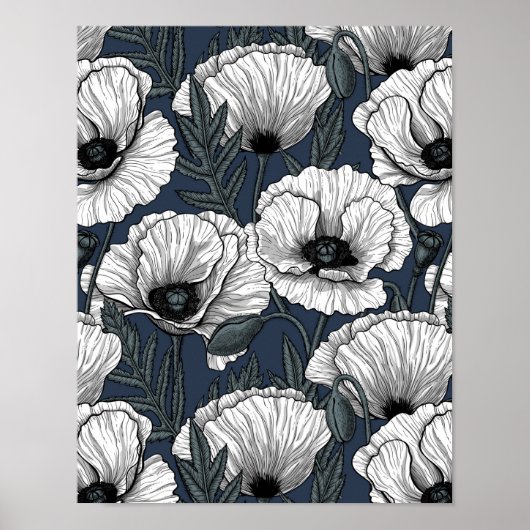 White poppies on navy poster (Voorkant)