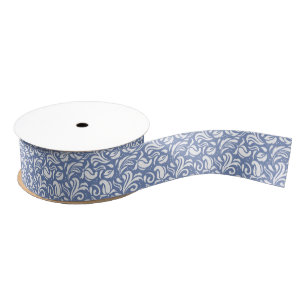 White & Powder Blue Floral Damask Patroon Grosgrain Lint