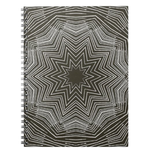 White Pulsating Star Kaleidoscope Pattern on Black Notitieboek (Voorkant)