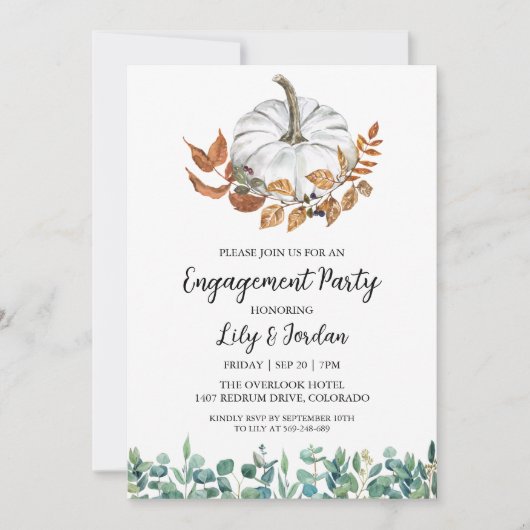 White Pumpkin and Greenery Herfst Engagement Party Kaart (Voorkant)