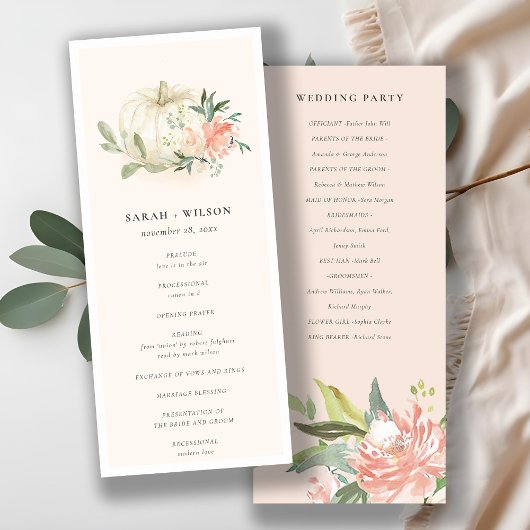 White Pumpkin Blush Flora Wedding Ceremony Program Menu
