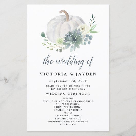 White Pumpkin Elegant Succulent Wedding Programs (Voorkant)