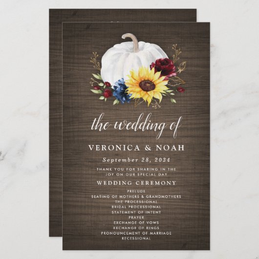 White Pumpkin Sunflower Gold Fall Wedding Programs (Voorkant / Achterkant)