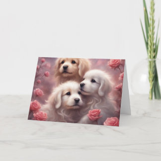 White Puppies Pink Roses Valentines Day Kaart