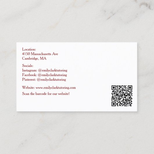 White QR Code School Teacher  Red Apple   Visitekaartje (Achterkant)