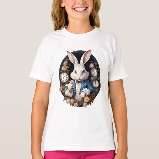 White Rabbit Alice in Wonderland Horloges en rozen T-shirt (Voorkant)