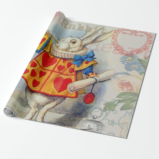 White Rabbit Hearts Alice Classic Cadeaupapier (Uitgerold)