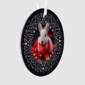 White rabbit with red ribbon on Black Holiday (devant)