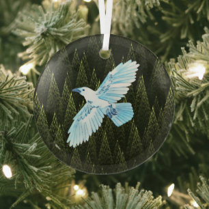 White Raven on Fractal Conifers Glas Ornament