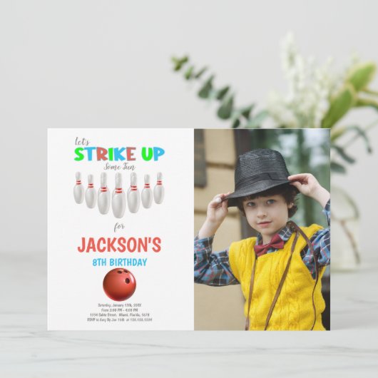 White Red Bowling Anniversaire Invitations avec ph (Debout devant)