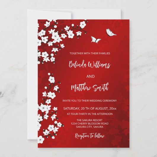 White  Red Cherry Blossom | Wedding Kaart (Voorkant)