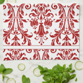 White Red Floral Swirls Damask Monogram Theedoek