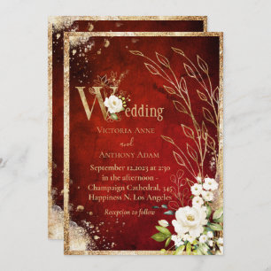 White Red Gold Botanical Floral Rustic Wedding Kaart