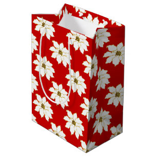 White Red Gold Poinsettia Patroon Medium Cadeauzakje