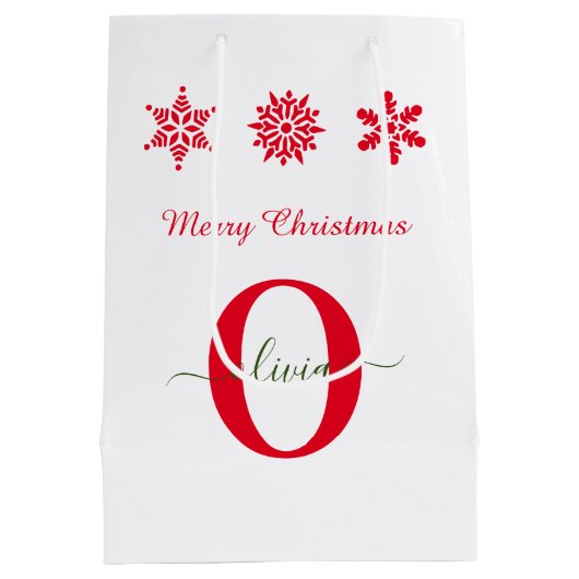 White Red Green Monogram script Merry Kerstry Medium Cadeauzakje (Achterkant)